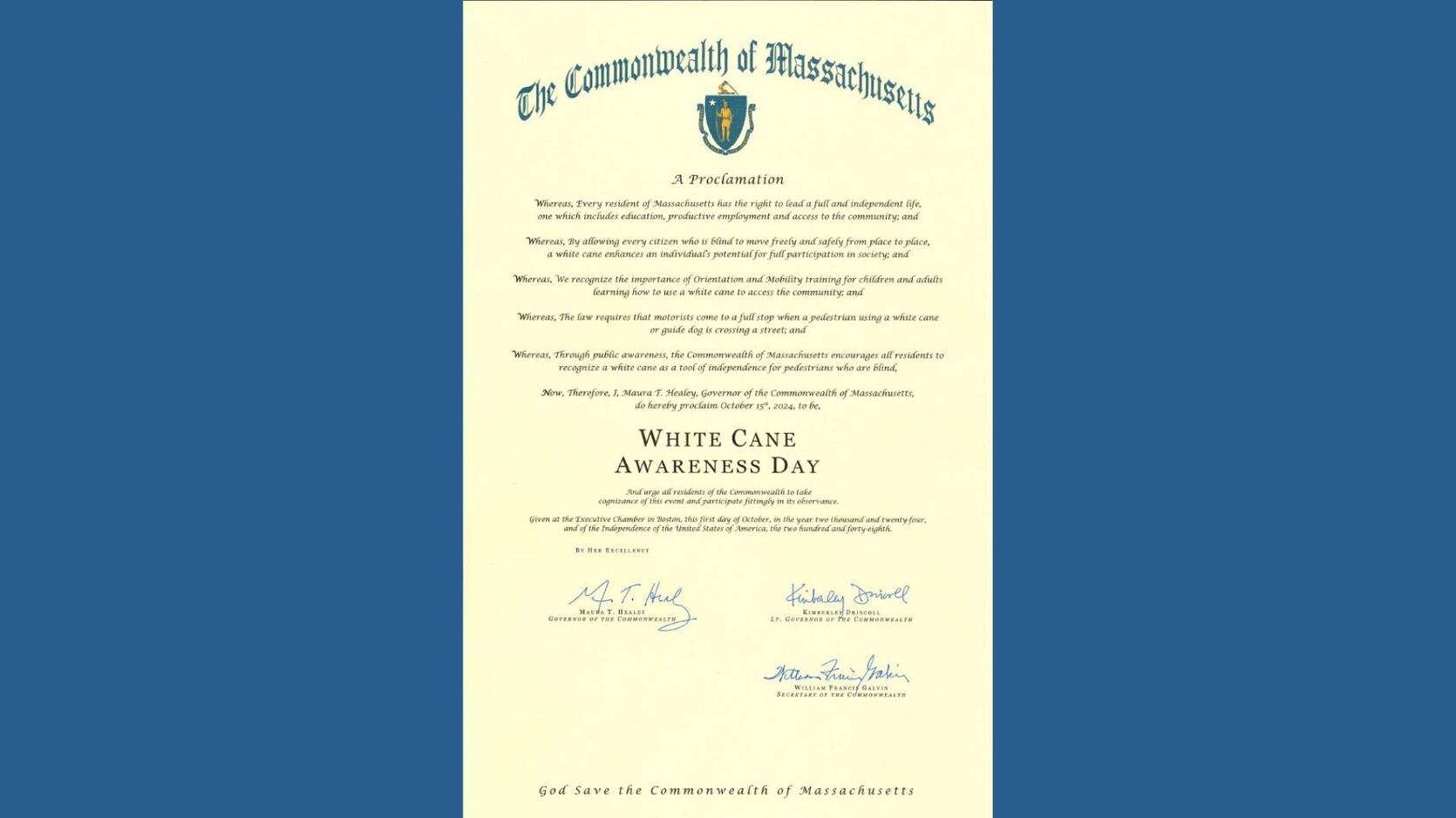 Read Governor Healey's 2024 White Cane Awareness Day Proclamation